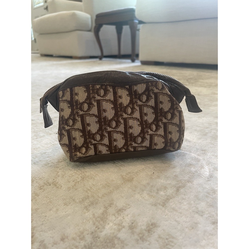 Vtg 1980s Christian Dior Brown Trotter‎ Canvas and Leather Pouch 5.5" X 4"